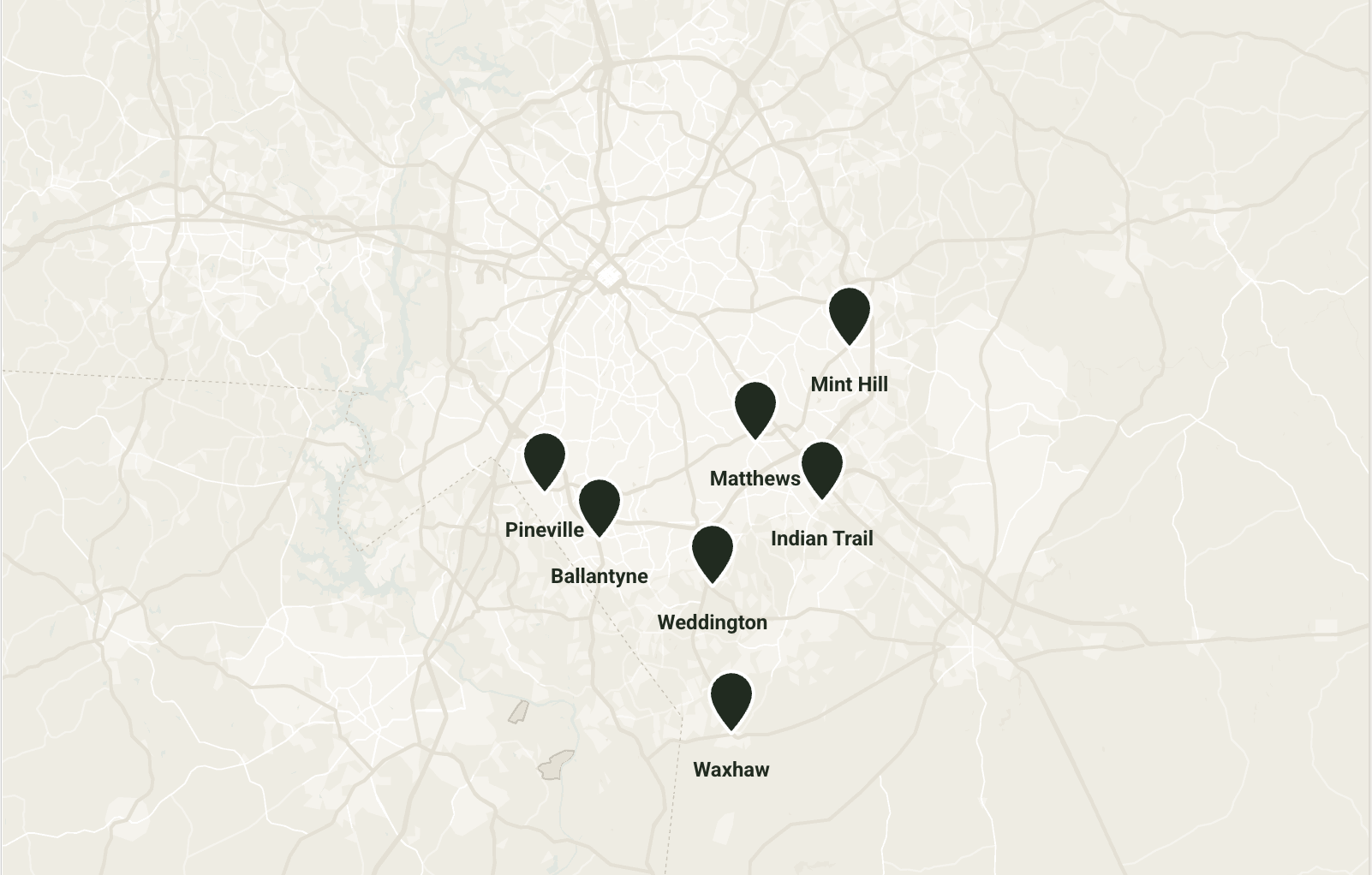 Map of service area covering Ballantyne, Matthews, Mint Hill, Indian Trail, Weddington, Waxhaw, and Pineville in the Charlotte, NC metro
